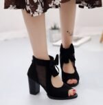 Open toe, bow, mesh, zipper, high heel, chunky heel, For Women, Box heel-RV1121 - Image 2