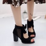 Open toe, bow, mesh, zipper, high heel, chunky heel, For Women, Box heel-RV1121