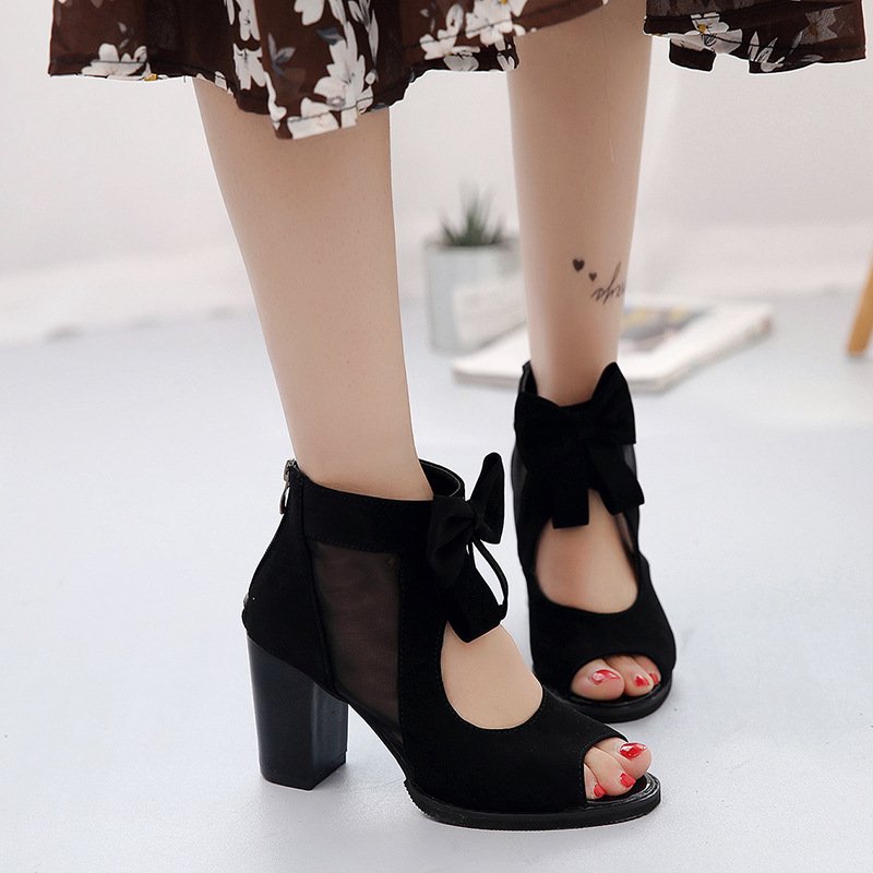13114375497_889653935 Open toe, bow, mesh, zipper, high heel, chunky heel, For Women, Box heel-RV1121 - Image 1