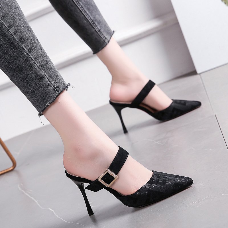 black New Style Belt Buckle Color Block Pointed Toe Stiletto Women's High Heels, Pencil Heel-RV1338 - Image 1