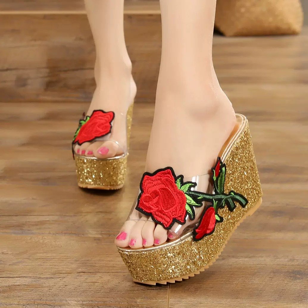 gold Thick-Soled Wedge Fish Mouth High-Heeled Platform Fashionable Women's Sandals, Balance Heel-RV658 - Image 1