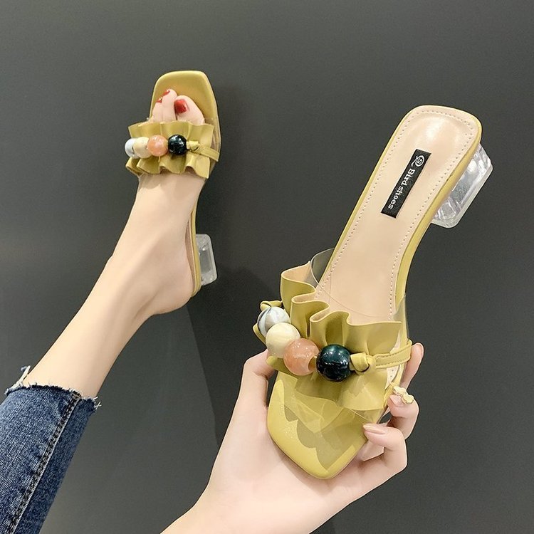 yellow Women's Mid-Heel Sandals, Pleated Beads, Crystal Heels Shoes, Box heel-RV1333 - Image 1