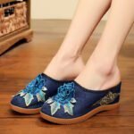 High-Heeled Embroidered Slippers Ethnic Style Slippers For Women, Balanced Heel-RV345