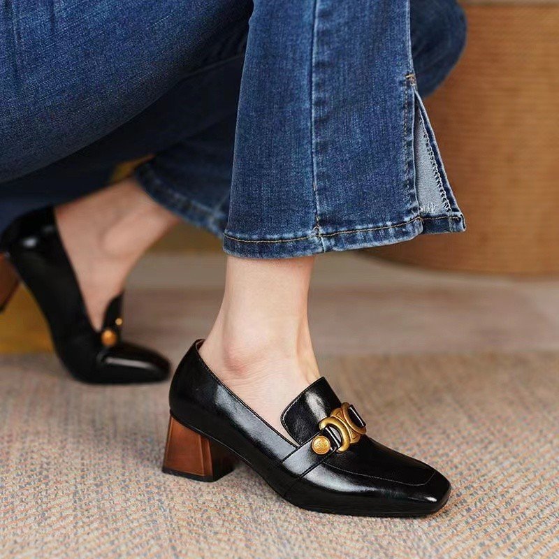 Black Chunky Heel, Square Toe, British style Loafers For Women, Style Shoes,RV2524 - Image 1