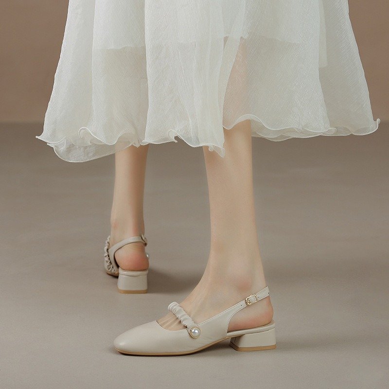 Beige Fairy Style Retro Thick Middle Heeled Shoes For Women, Box Heel-RV1437 - Image 1