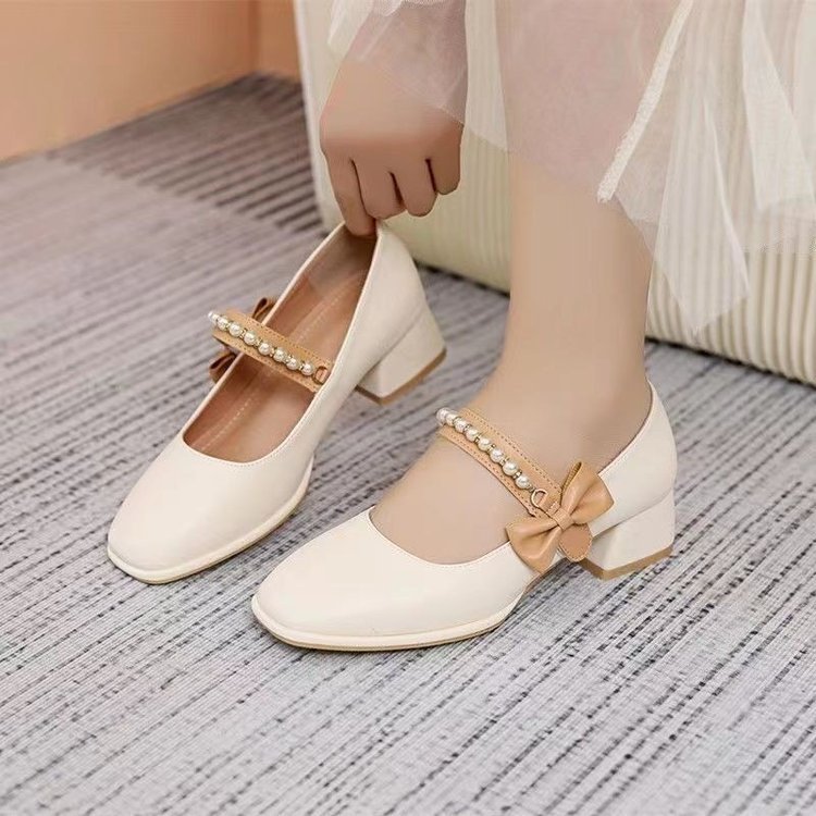 Beige Thick Bottom Comfortable soft leather soft bottom women's shoes For Women, Style Shoes-RV2527 - Image 1
