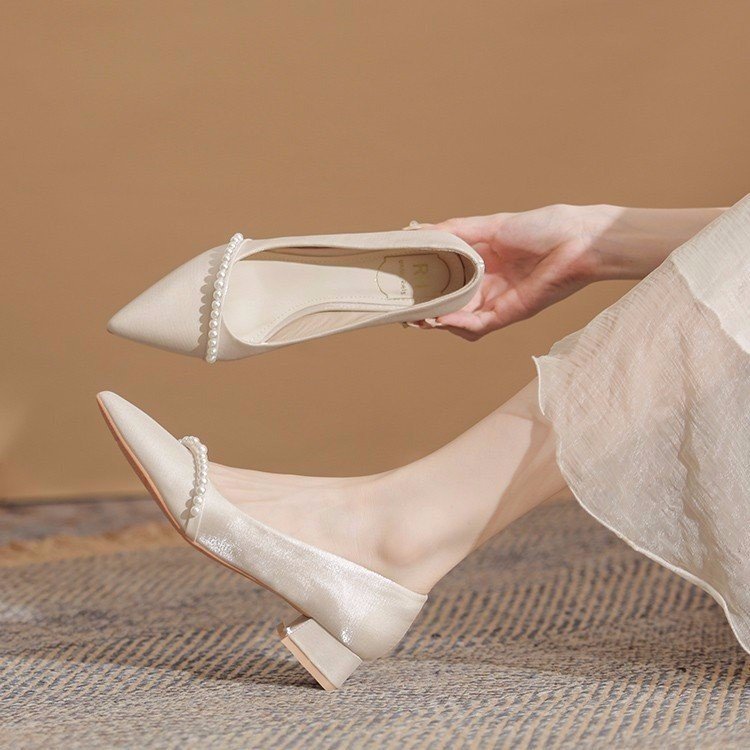 Beige Low-Heeled Pointed Toe Bridesmaid & Elegant Wedding Shoes For Women, Style Shoes-RV2537 - Image 1