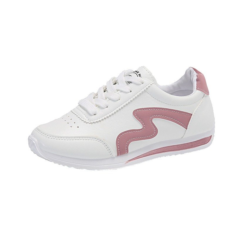 pink Women's Casual Leather Flat Sneakers Breathable Soft Sole White Shoes, Sneaker & Kades-DS116 - Image 1