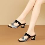 Women’s Korean Style Leopard Print Fashion Rhinestone Outdoor Sandals Box Heel – RV1502