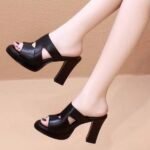 Women's Soft Leather High-Heeled Chunky Heel Sandals with Thick Sole, Pencil Heel – RV1498