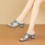 Women’s Korean Style Leopard Print Fashion Rhinestone Outdoor Sandals Box Heel – RV1502 - Image 2