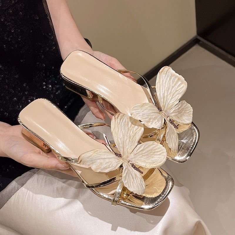 gold French-style open-toe strappy sandals for women, Box Heel – RV1491 - Image 1