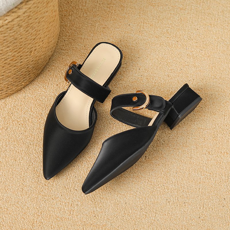 sku-1-黑色 New Chunky Heel Mules to Match Skirts Pointed Toe Women's Shoes, Box Heel – RV1476 - Image 1