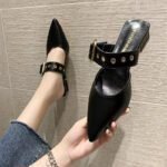 Women’s Korean style pointed toe chunky heel closed toe slippers,  Box Heel – RV1475