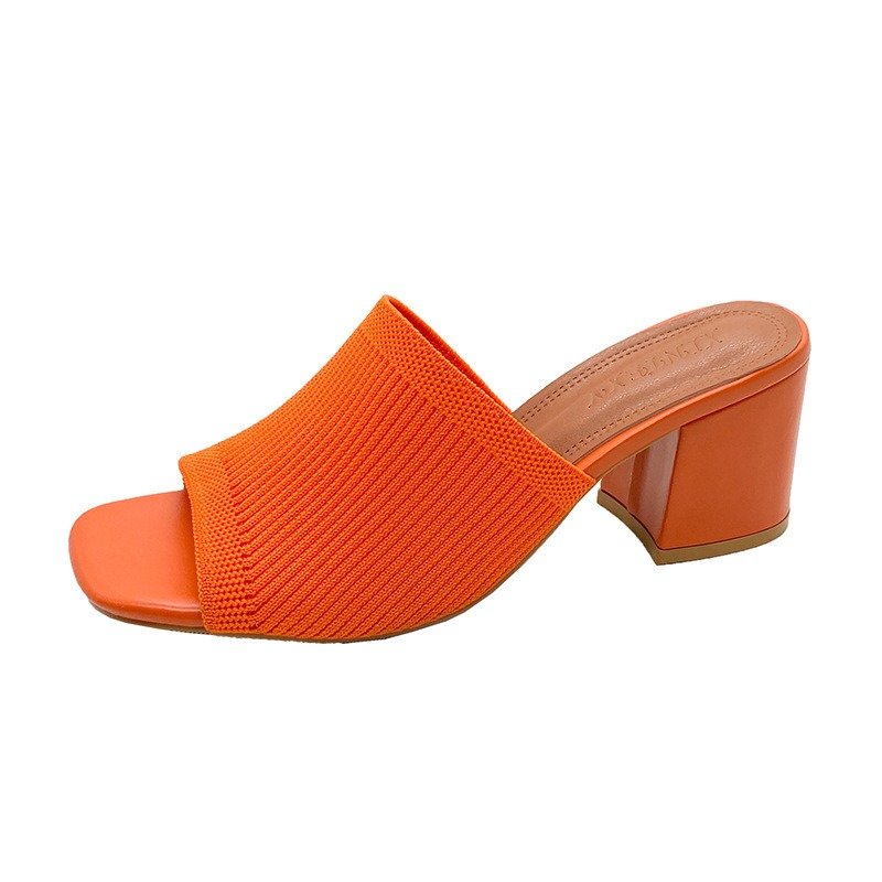 orange Chunky Heel Knitted Wool High Heel Square Toe Sandals, Box Heel – RV1529 - Image 1