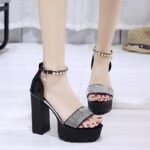 Summer New Style High-Heeled Chunky Heel Rhinestone One-Strap Women’s Shoes, Box Heel-STRV1352