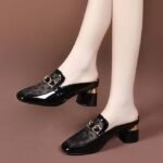 Women’s High-Heeled Slippers, Elegant Cowhide & Mesh—Box Heel-STRV2514