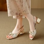 Square Toe Rear Trip Belt Comfortable Low Heel Women’s Shoes, Box Heel-STRV1425