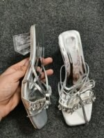 Transparent Thick High Heels Rhinestone Slippers For Women’s, Box Heel-STNC32